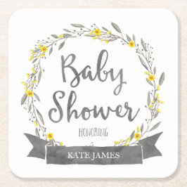 黄色の花と灰色の葉リース赤ちゃんシャワー スクエアペーパーコースター