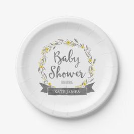 黄色の花と灰色の葉リース赤ちゃんシャワー ペーパープレート