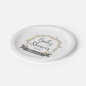 黄色の花と灰色の葉リース赤ちゃんシャワー ペーパープレート (アングル)