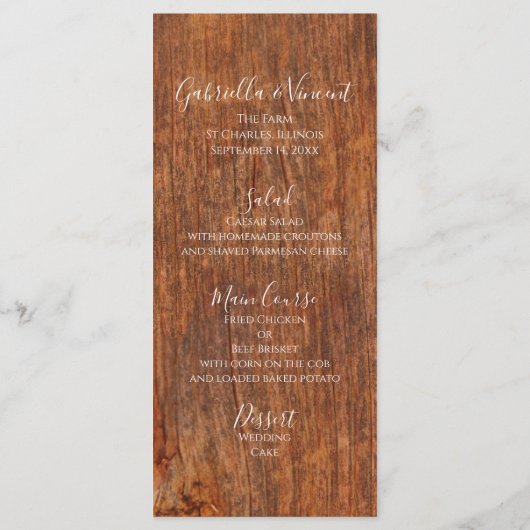 黄色の花と納屋の木の国の結婚式のメニュー メニュー (裏面)