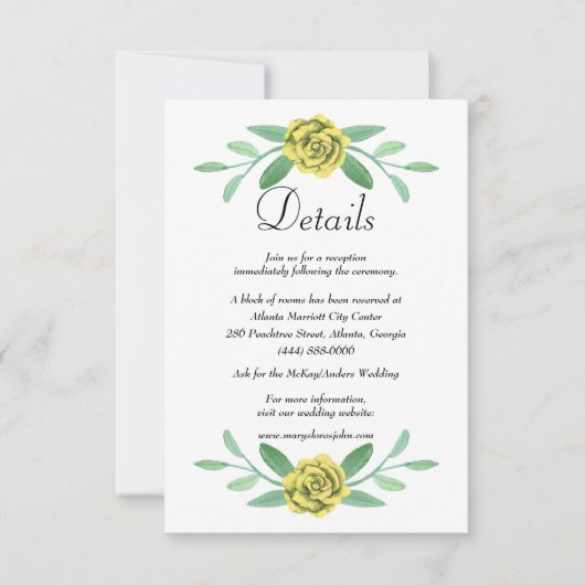 黄色の花と緑の葉の結婚式の詳細 案内状 (正面)
