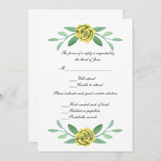 黄色の花と緑の葉の結婚式の返信カード 招待状 (正面/裏面)