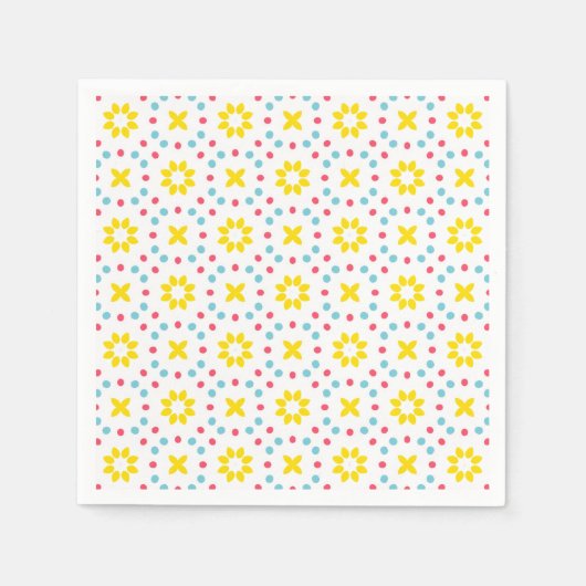 黄色の花と赤と青の点の模様 スタンダードカクテルナプキン (正面)