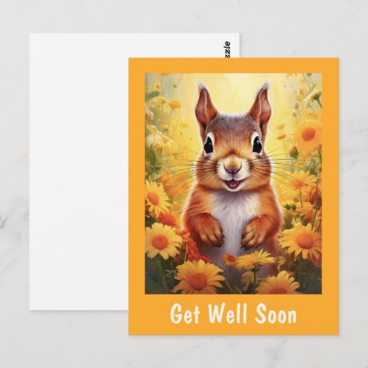 黄色の花に囲まれたかわいいリス　早く元気になってね ポストカード (正面/裏面)