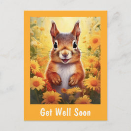 黄色の花に囲まれたかわいいリス　早く回復してね ポストカード