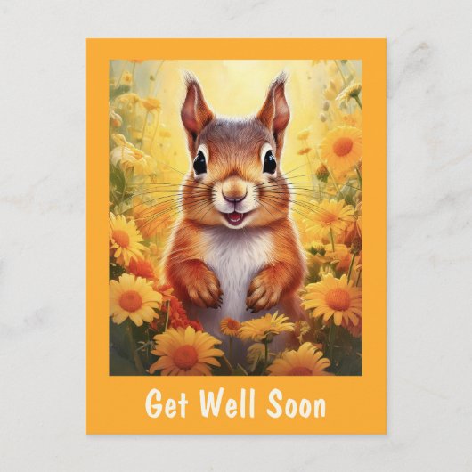 黄色の花のキュートなリス 早く治ってね ポストカード (正面)