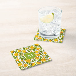 黄色の花のパターン – モノグラパーソナライズされたム スクエアペーパーコースター