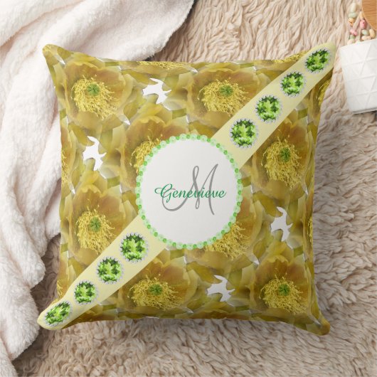 黄色の花のパターン、緑の宝石と真珠 クッション (ブランケット)