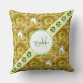 黄色の花のパターン、緑の宝石と真珠 クッション (裏面)