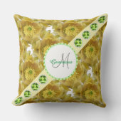 黄色の花のパターン、緑の宝石と真珠 クッション (正面)