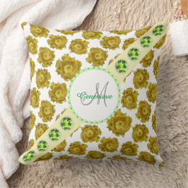 黄色の花のパターン、緑の宝石と真珠 クッション