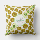 黄色の花のパターン、緑の宝石と真珠 クッション (裏面)
