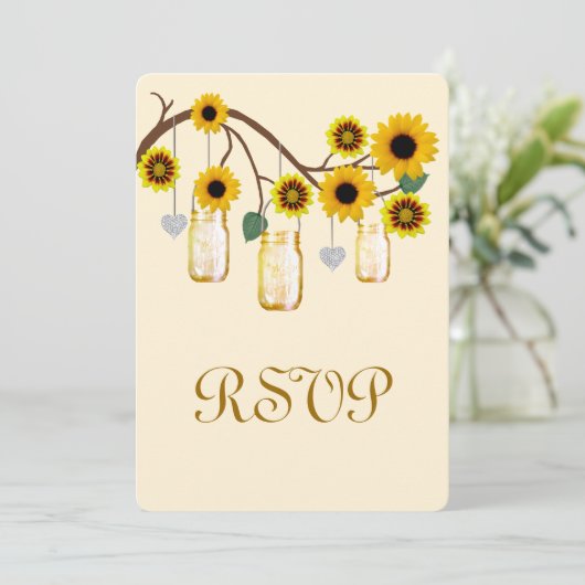 黄色の花のメイソンジャー 受付カード 招待状 (スタンド正面)