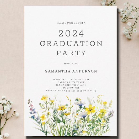 黄色の花のワイルドフラワー卒業パーティー 招待状