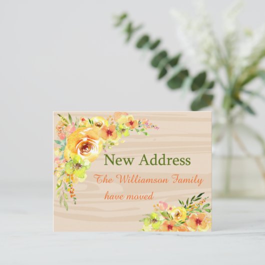 黄色の花の新しい住所のお知らせ ポストカード (スタンド正面)