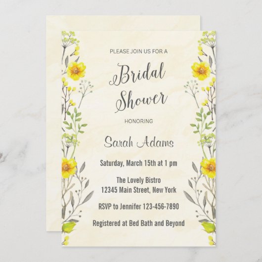 黄色の花の水色ブライダルシャワー招待 招待状 (正面/裏面)
