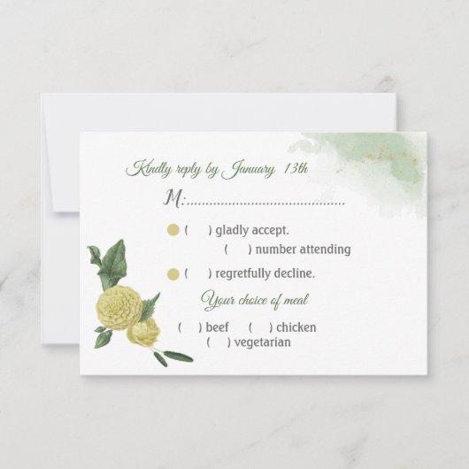 黄色の花の緑葉の食事の選択 出欠カード (正面)