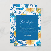 黄色の花の青いイタリアンウェディングシャワー サンキューカード (正面/裏面)