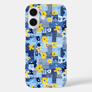 黄色の花の青いパターン iPhone 16ケース