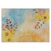 黄色の花の青い大理石の水色 カッティングボード (正面)