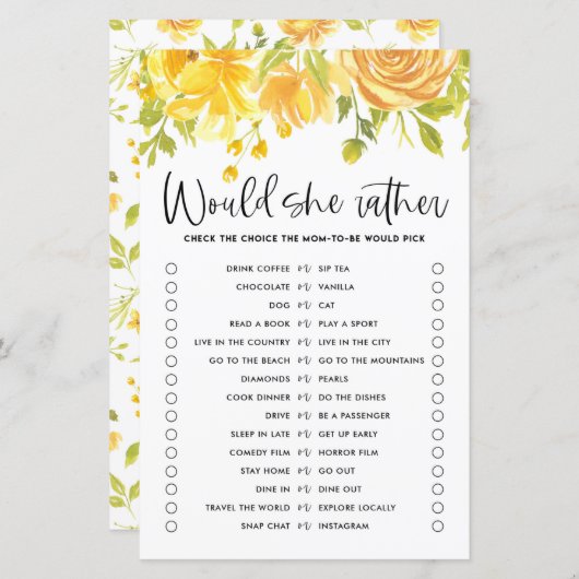 黄色の花は彼女はむしろ赤ちゃんシャワーのゲームだろう (正面/裏面)