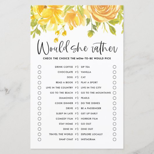 黄色の花は彼女はむしろ赤ちゃんシャワーのゲームだろう (正面)