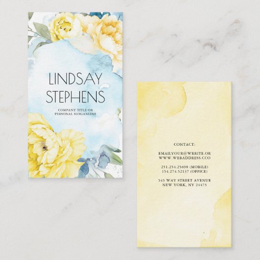 黄色の花ほこりっぽいエレガント青い水色 名刺 (正面/裏面)