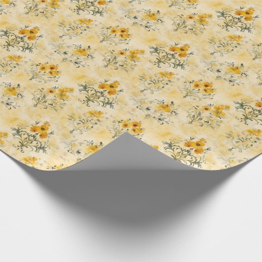 黄色の花を添えた黄色の包装紙 ラッピングペーパー (角)