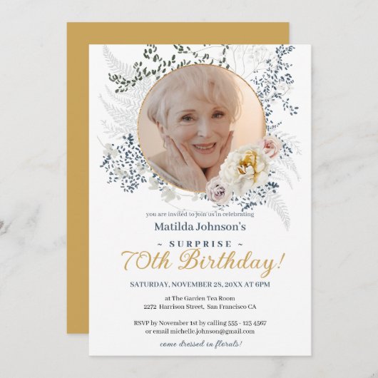 黄色の花カスタムのフォトサプライズ70誕生日 招待状 (正面/裏面)