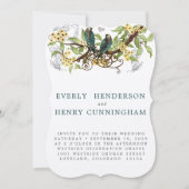 黄色の花ティール（緑がかった色）ヴィンテージロベバード結婚ズ 招待状 (正面)