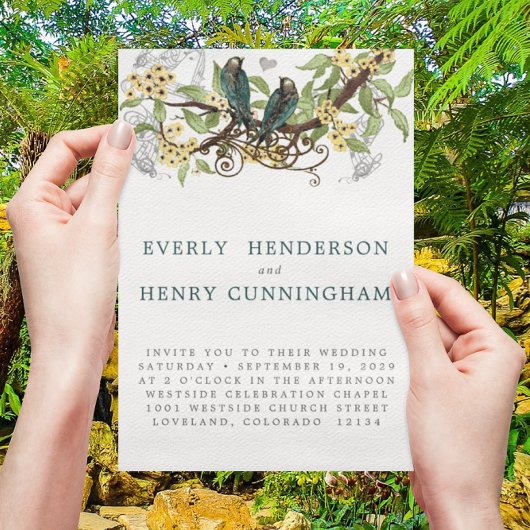 黄色の花ティール（緑がかった色）ヴィンテージロベバード結婚ズ 招待状