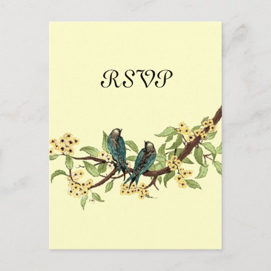 黄色の花ティール（緑がかった色）ヴィンテージ鳥の応答カード インビテーションポストカード (正面)