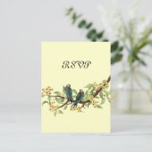 黄色の花ティール（緑がかった色）ヴィンテージ鳥の応答カード インビテーションポストカード (スタンド正面)