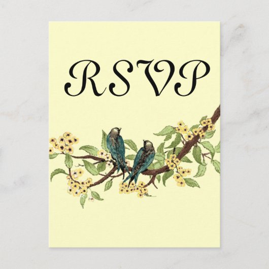 黄色の花ティール(緑がかった色)ヴィンテージ鳥の応答カード インビテーションポストカード (正面)