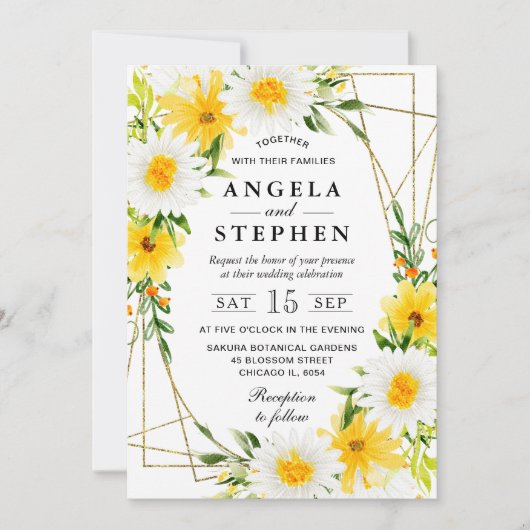 黄色の花デイジー金ゴールド結婚フレーム 招待状 (正面)