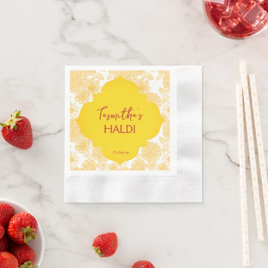 黄色の花パーソナライズされた名Haldi napkins 縁ありカクテルナプキン (インサイチュ)