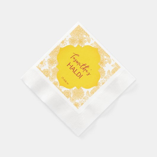 黄色の花パーソナライズされた名Haldi napkins 縁ありカクテルナプキン (角)