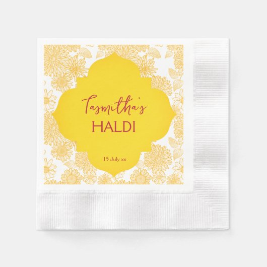 黄色の花パーソナライズされた名Haldi napkins 縁ありカクテルナプキン (正面)