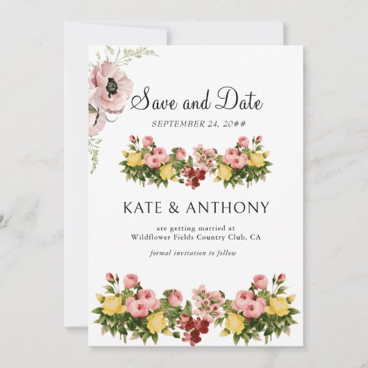 黄色の花柄の写真 ウェディング セーブ・ザ・デート シーズンカード (正面)