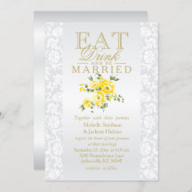 黄色の花柄の「食べて、飲んで、結婚しよう」招待状
