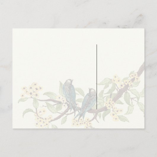 黄色の花模様ティール（緑がかった色）ヴィンテージ愛の鳥の反応 インビテーションポストカード (裏面)