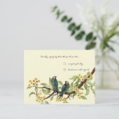 黄色の花模様ティール(緑がかった色)ヴィンテージ愛の鳥の反応 インビテーションポストカード (スタンド正面)