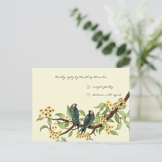 黄色の花模様ティール（緑がかった色）ヴィンテージ愛の鳥の反応 インビテーションポストカード (スタンド正面)