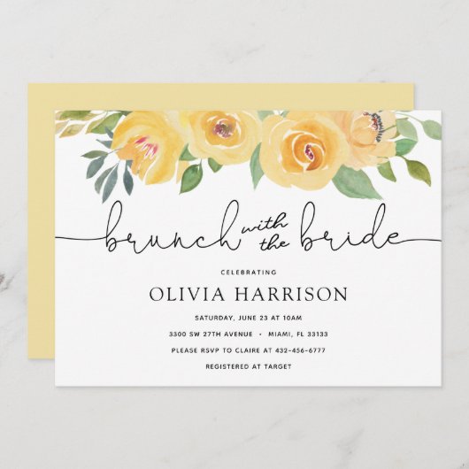 黄色の花模様ブランチと花嫁シャワー 招待状 (正面/裏面)