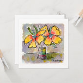 黄色の花水色のグリーティングカード カード (正面/裏面インサイチュ)