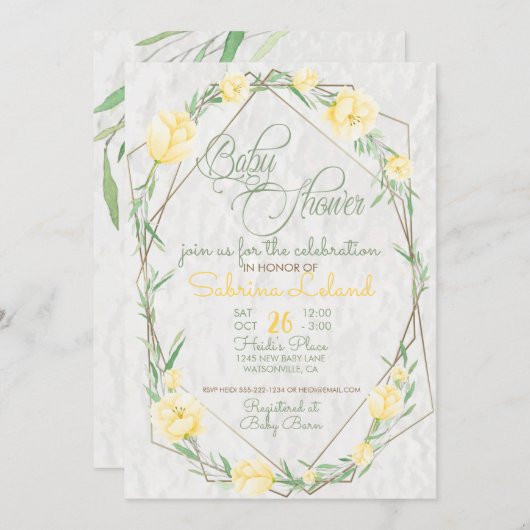 黄色の花緑のテラリウム赤ちゃんシャワー 招待状 (正面/裏面)