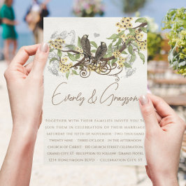 黄色の花茶色のヴィンテージ鳥の結婚式の招待 招待状