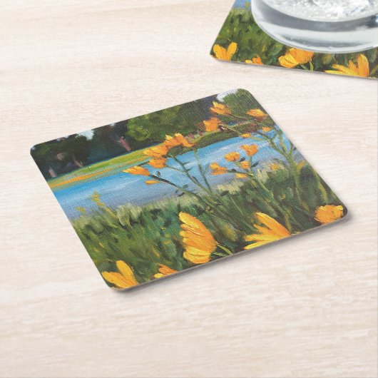 黄色の花青い水緑の木風景 スクエアペーパーコースター (アングル)