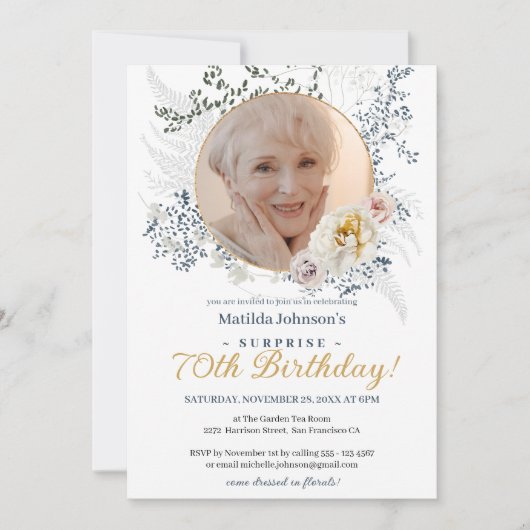 黄色の花 カスタム写真サプライズ 70歳の誕生日 招待状 (正面)