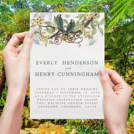 黄色の花　ターコイズ　ヴィンテージ　ラブバード　ウェディング 招待状